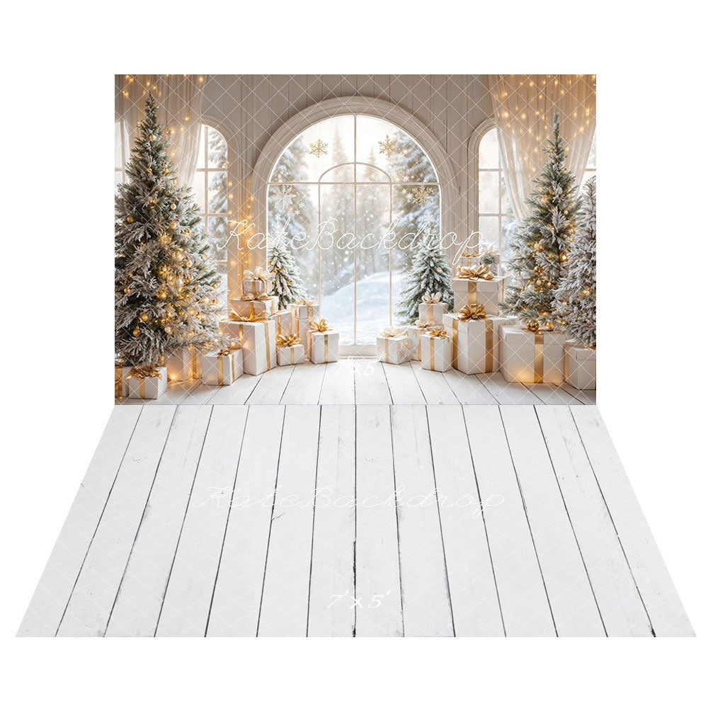 Kate White Arch Christmas Tree Gifts Backdrop+Cream Wood Floor Backdrop