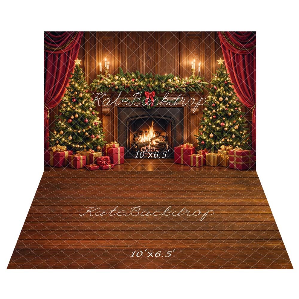 Kate Christmas Fireplace Tree Retro Backdrop+Brown Wood Texture Floor Backdrop