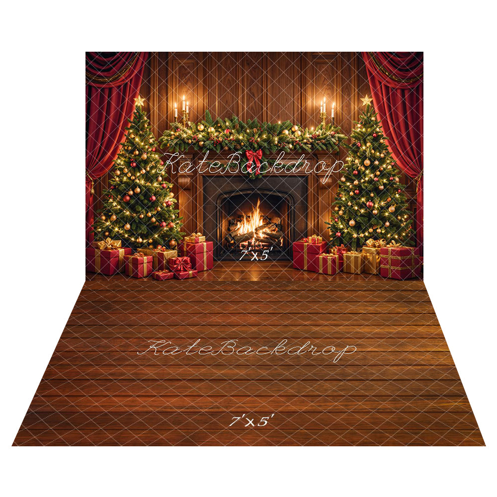 Kate Christmas Fireplace Tree Retro Backdrop+Brown Wood Texture Floor Backdrop