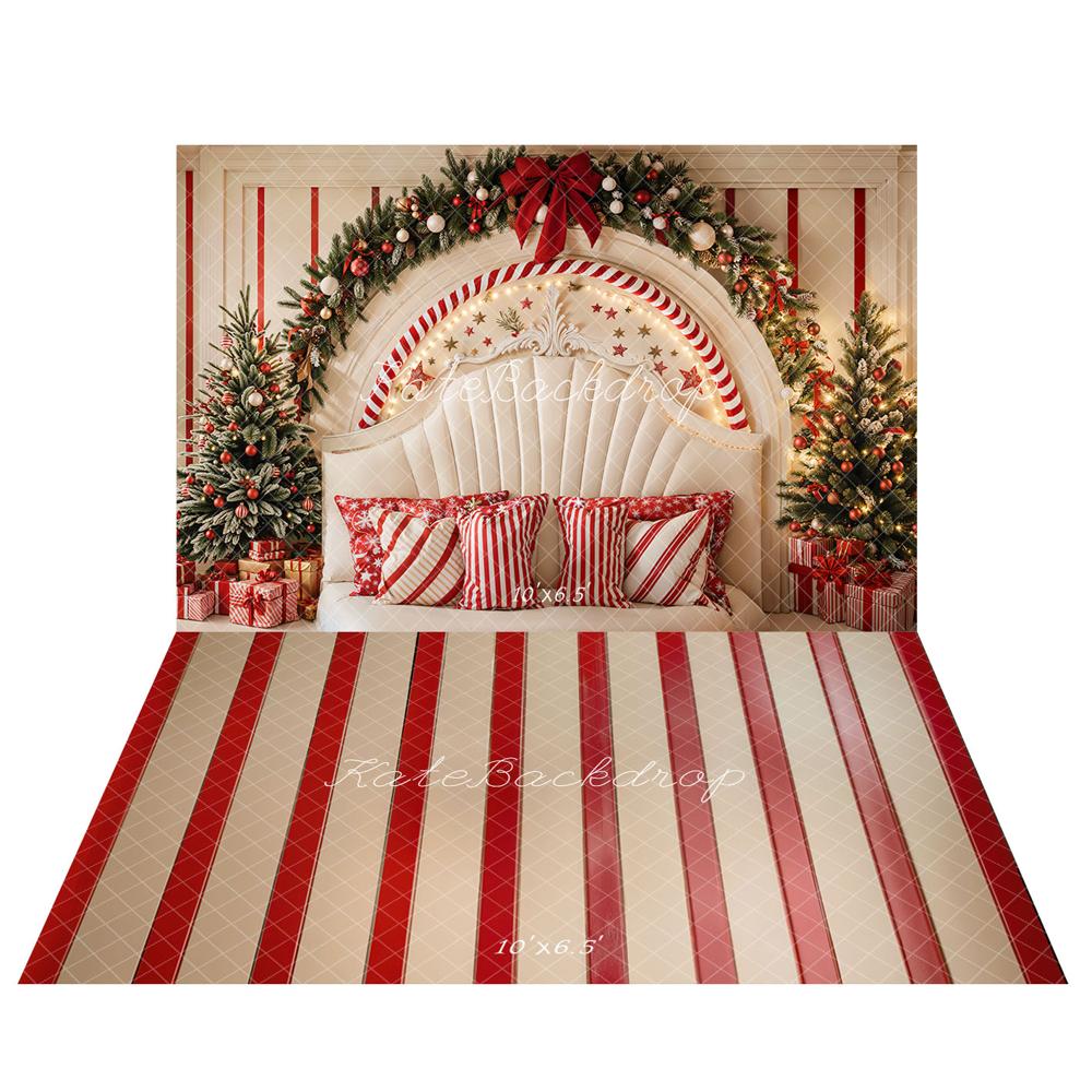 Kate Christmas Arch Decoration Headboard Backdrop+Red Stripes Wood Floor Backdrop