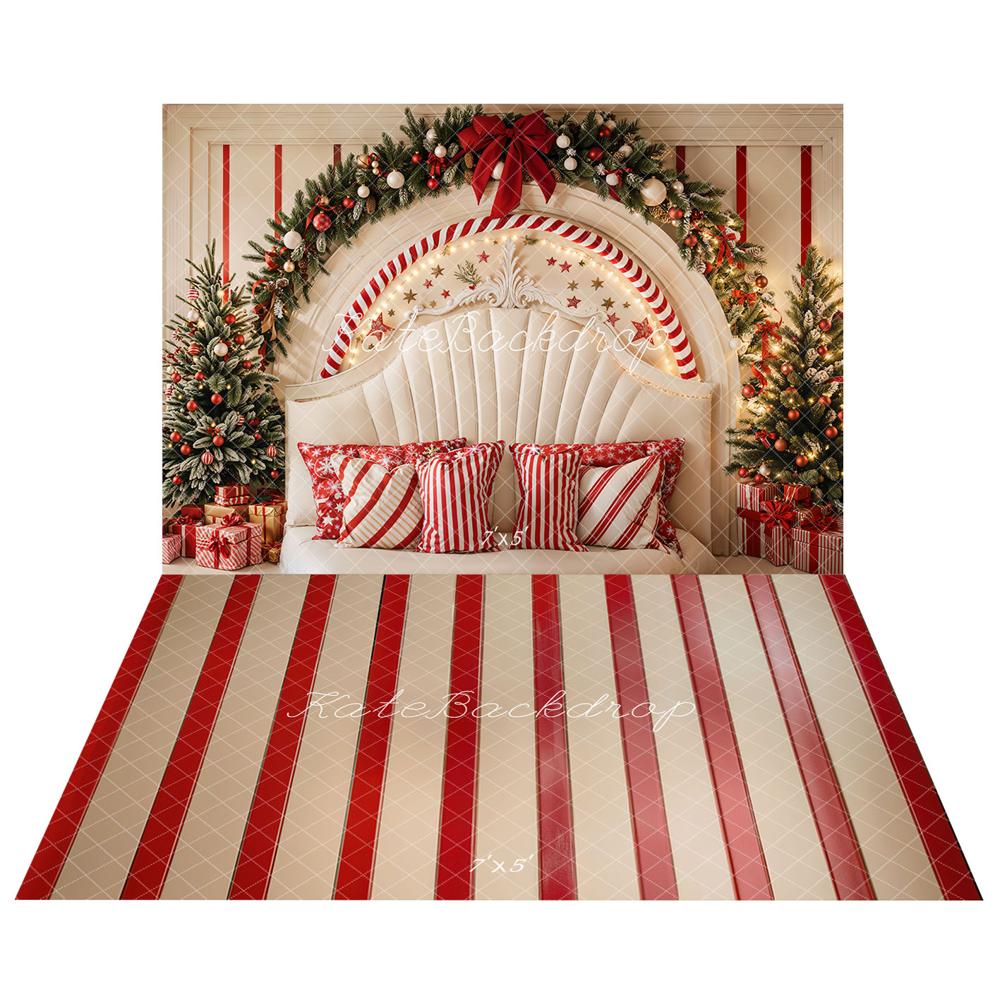 Kate Christmas Arch Decoration Headboard Backdrop+Red Stripes Wood Floor Backdrop