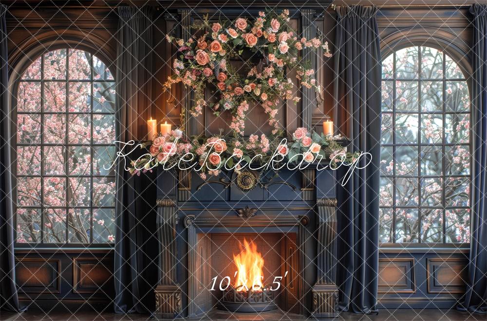 Kate Navy Brown Rose Fireplace Backdrop Window Designed by Mini MakeBelieve