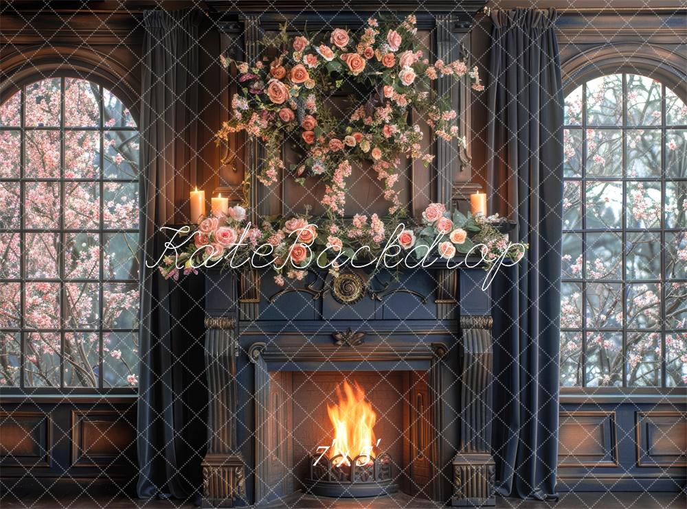 Kate Navy Brown Rose Fireplace Backdrop Window Designed by Mini MakeBelieve