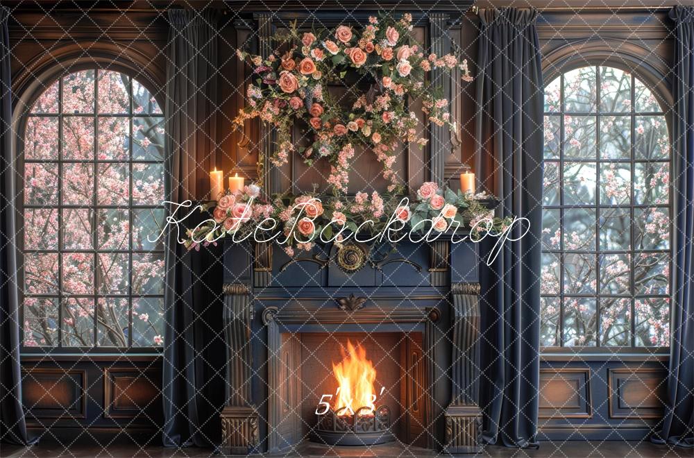 Kate Navy Brown Rose Fireplace Backdrop Window Designed by Mini MakeBelieve