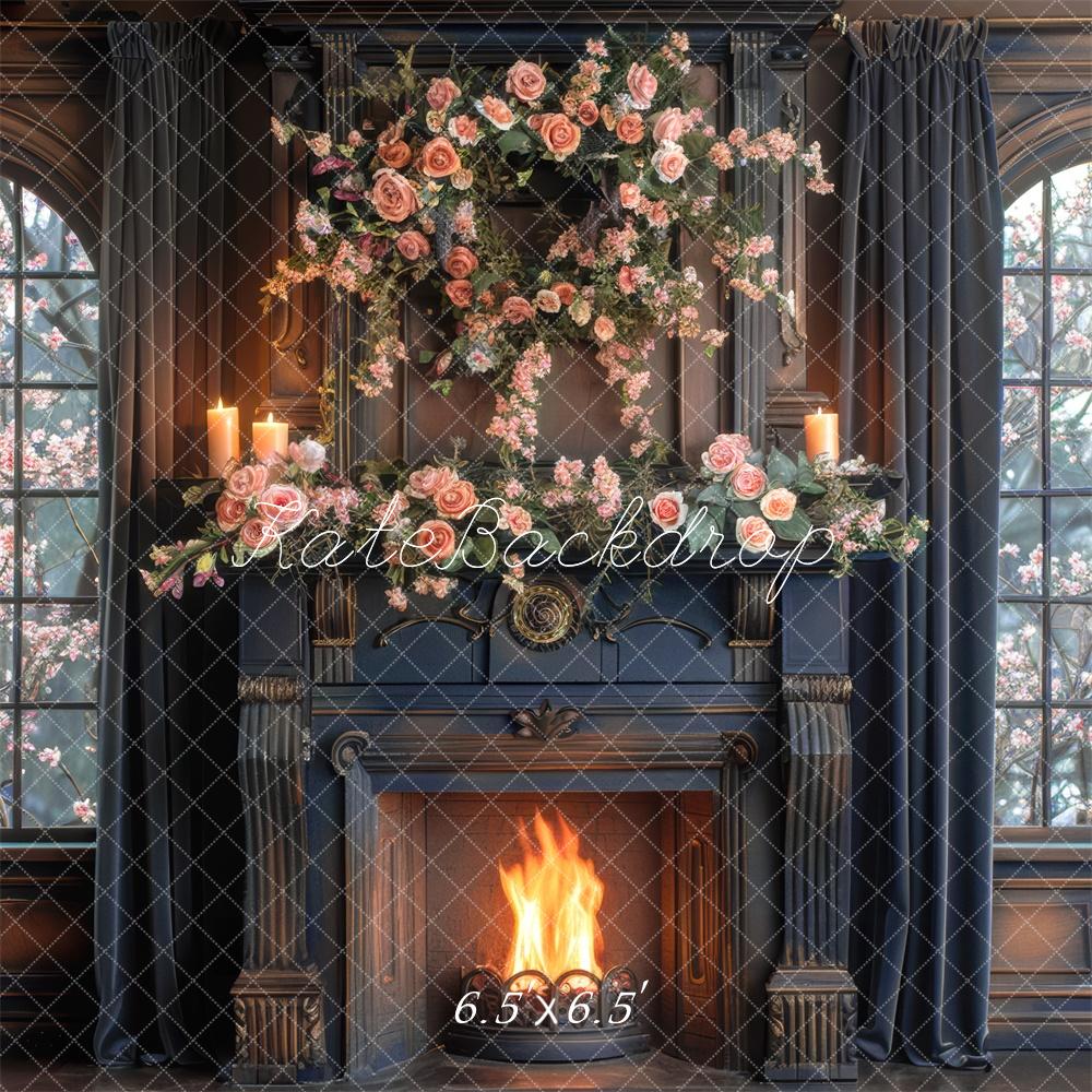 Kate Navy Brown Rose Fireplace Backdrop Window Designed by Mini MakeBelieve