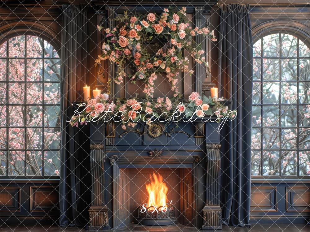 Kate Navy Brown Rose Fireplace Backdrop Window Designed by Mini MakeBelieve