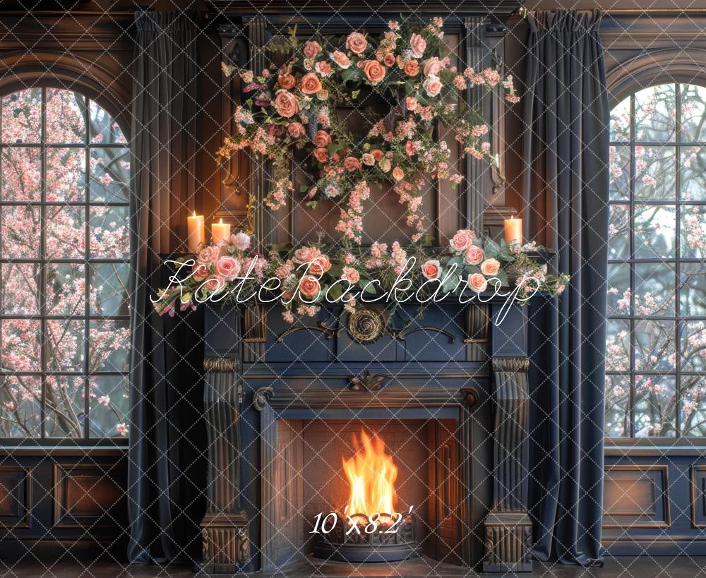 Kate Navy Brown Rose Fireplace Backdrop Window Designed by Mini MakeBelieve