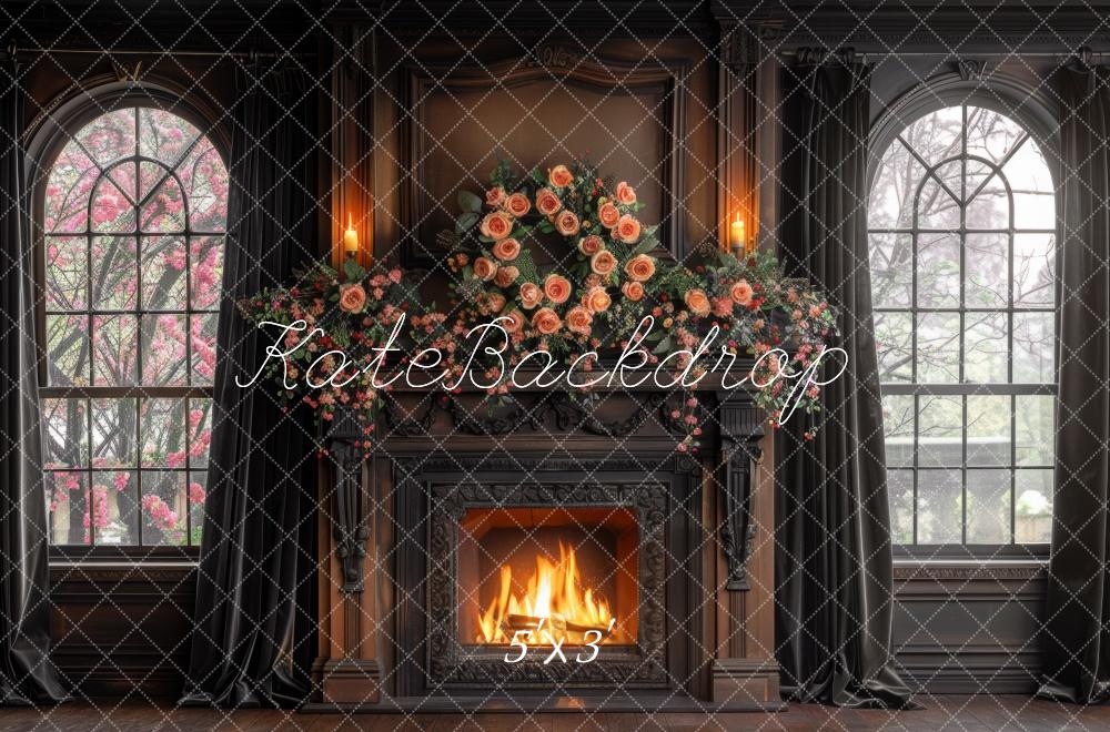 Kate Navy Brown Rose Fireplace Backdrop Designed by Mini MakeBelieve