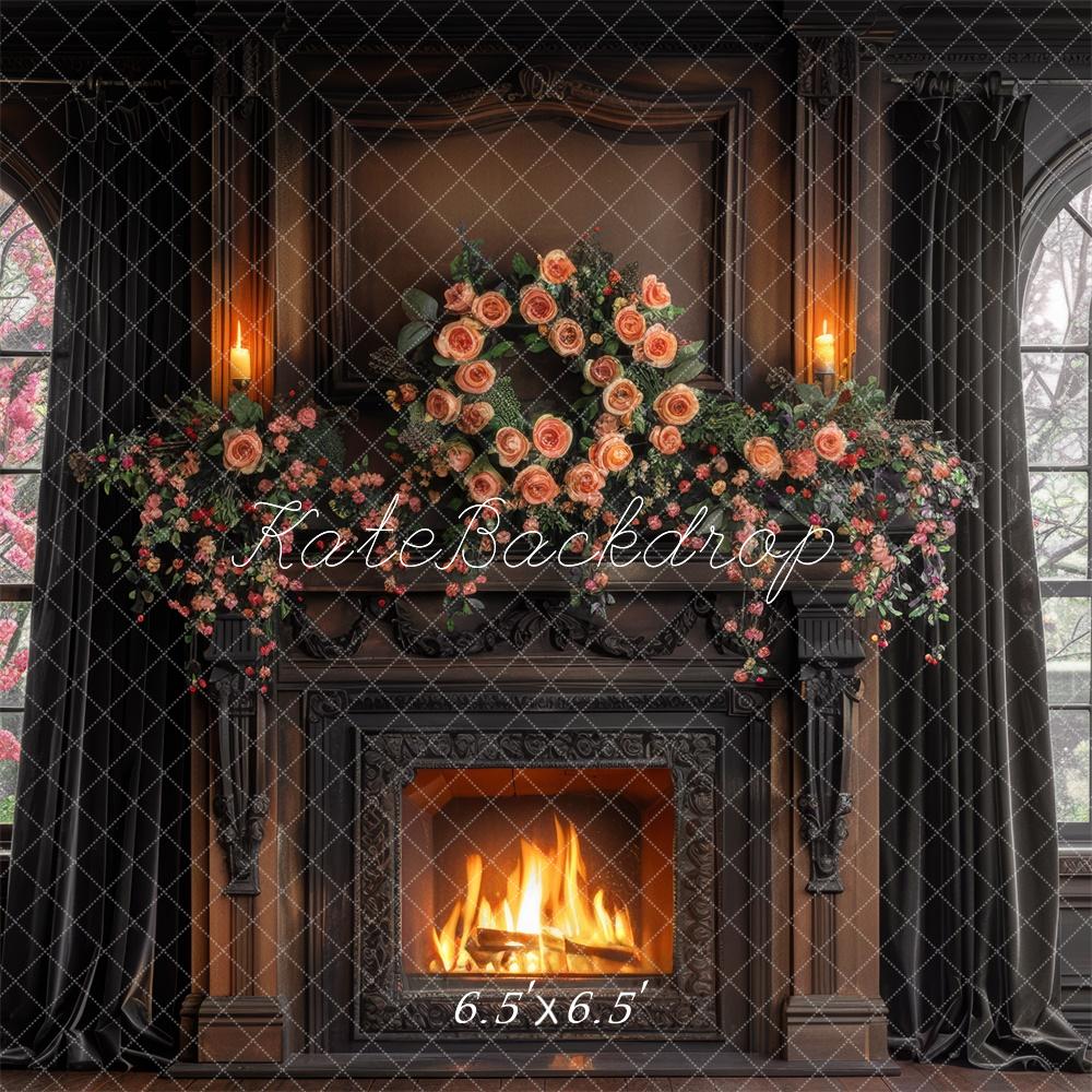 Kate Navy Brown Rose Fireplace Backdrop Designed by Mini MakeBelieve