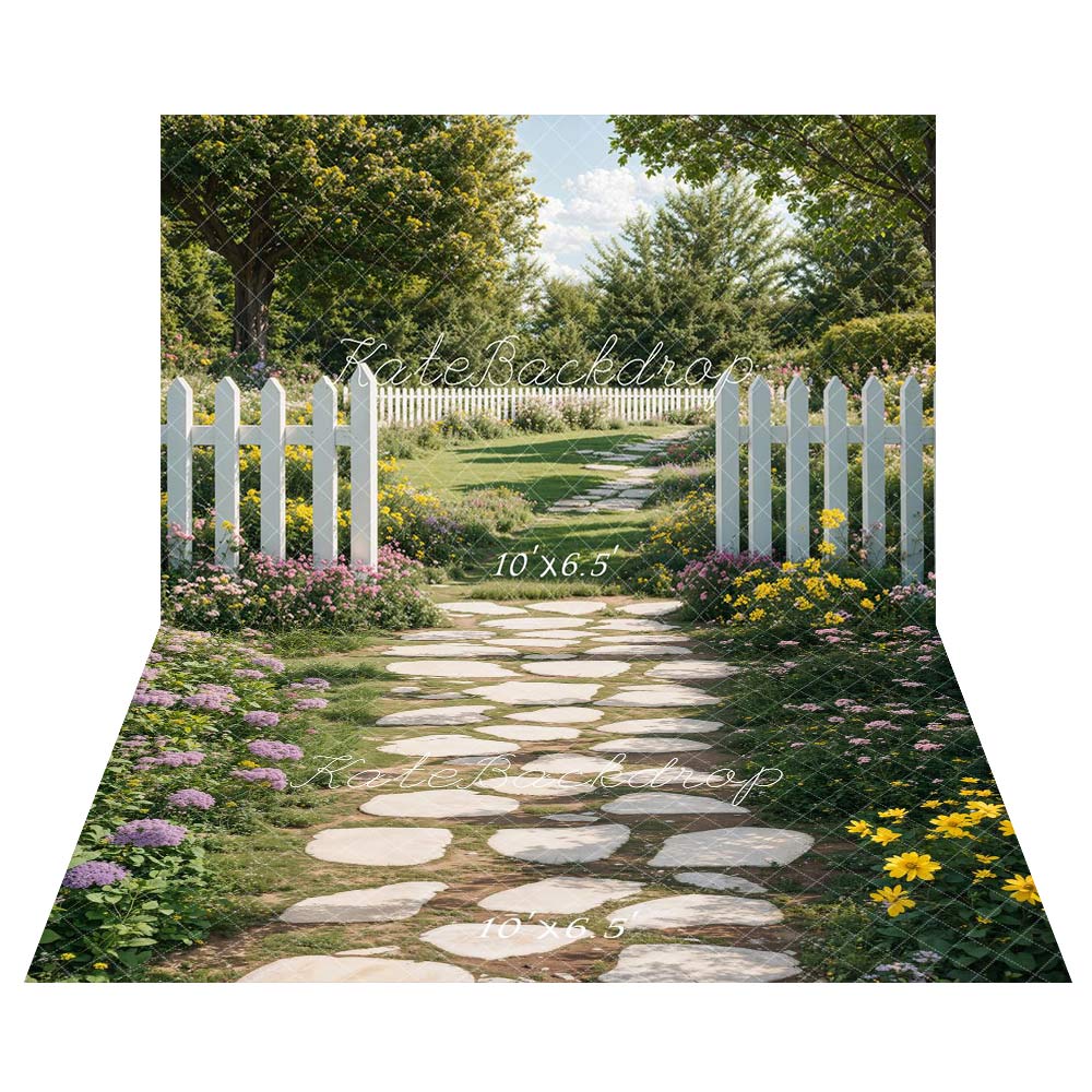 Kate Spring Garden Path White Fence Backdrop+Stone Pathway Floral Floor Backdrop