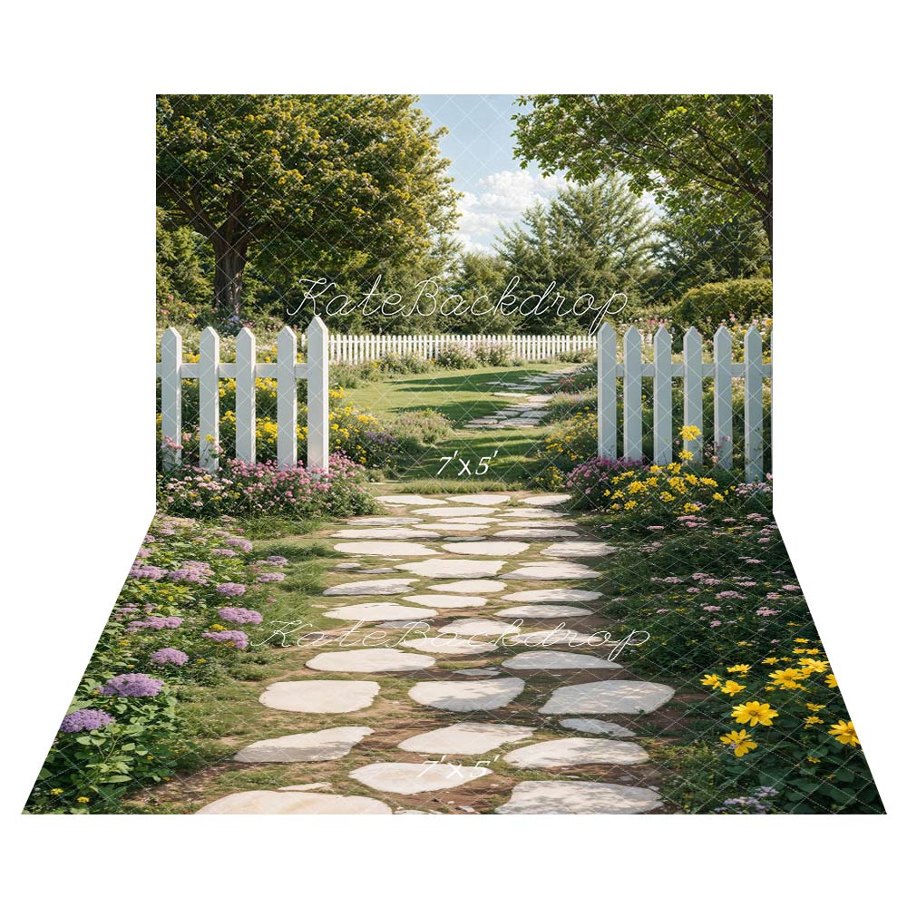 Kate Spring Garden Path White Fence Backdrop+Stone Pathway Floral Floor Backdrop