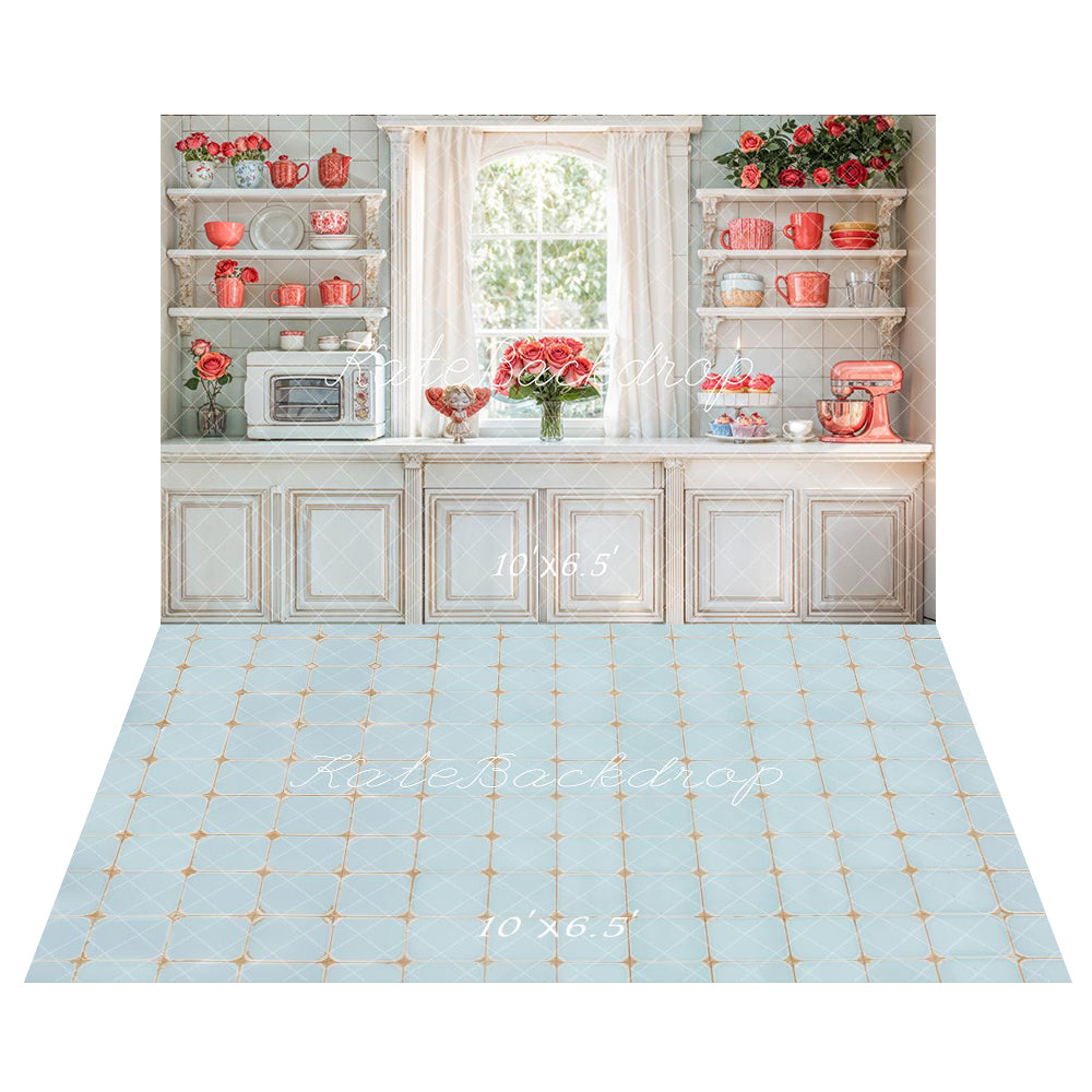 Kate Vintage Kitchen Cabinets Window Backdrop+Tile Pattern Floor Backdrop