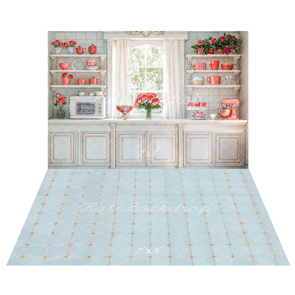 Kate Vintage Kitchen Cabinets Window Backdrop+Tile Pattern Floor Backdrop