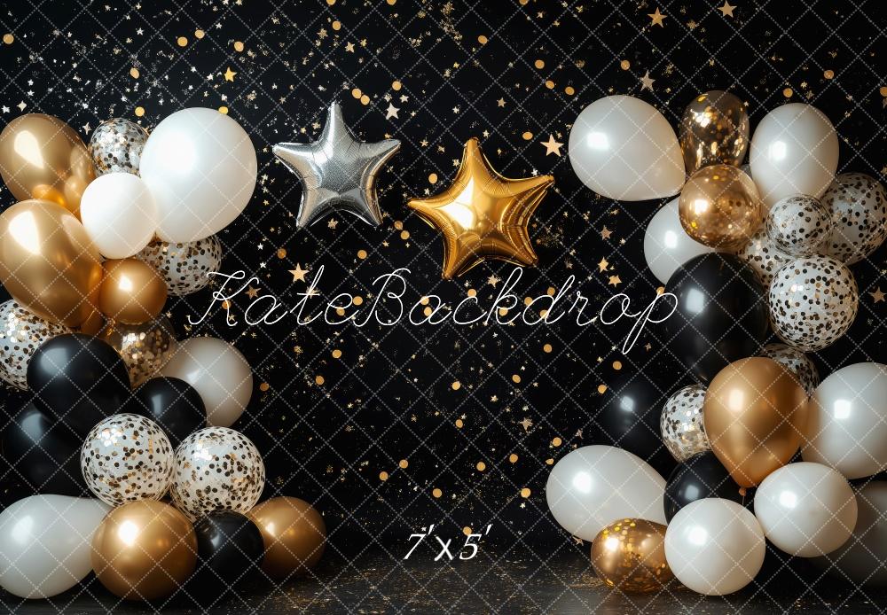 Kate Black Cake Smash Backdrop Gold Stars Balloons Designed by Patty Robert