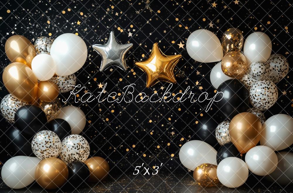 Kate Black Cake Smash Backdrop Gold Stars Balloons Designed by Patty Robert