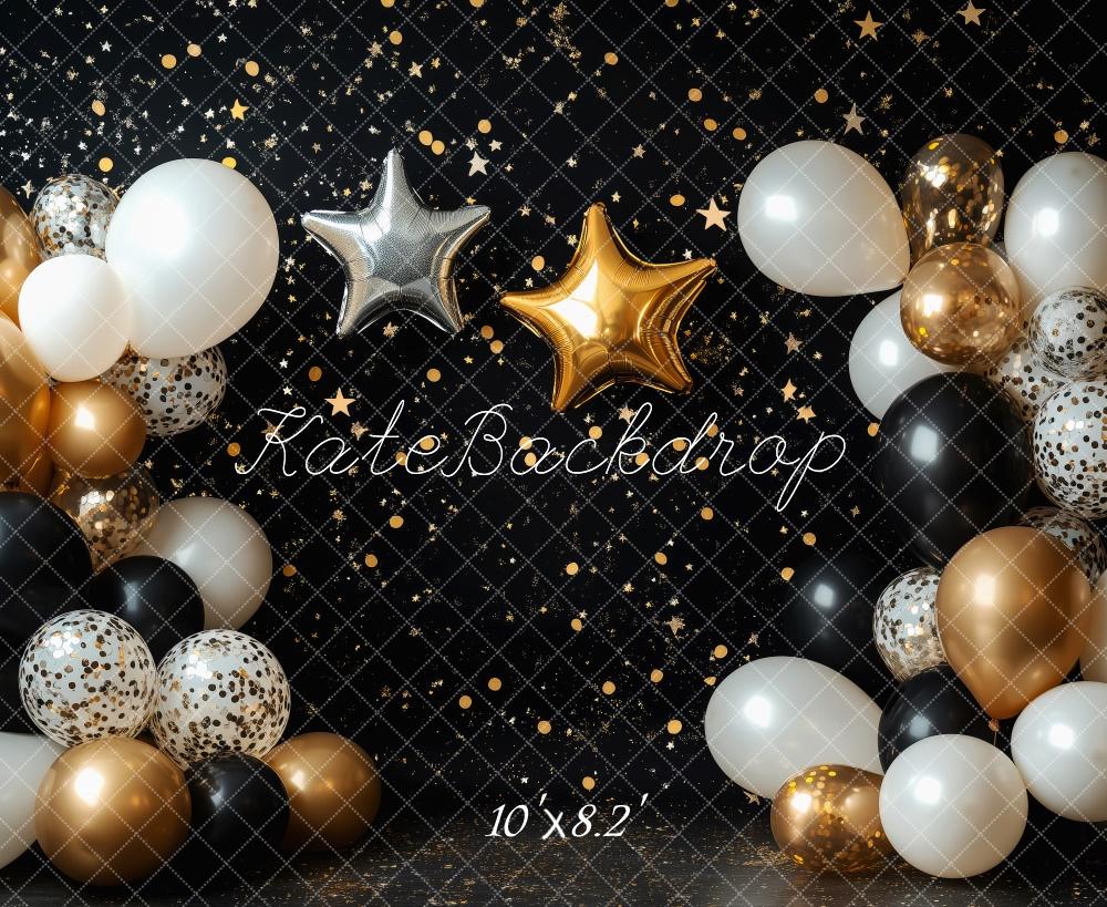 Kate Black Cake Smash Backdrop Gold Stars Balloons Designed by Patty Robert