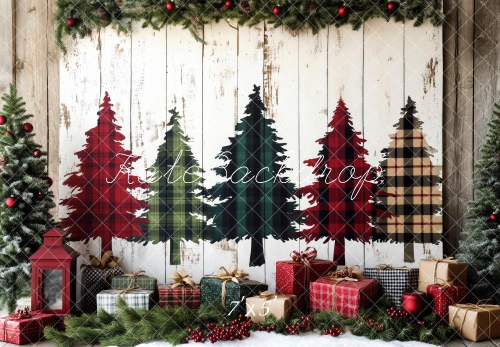 Kate Plaid Christmas Trees Wrapped Gifts Backdrop Designed by Patty Roberts