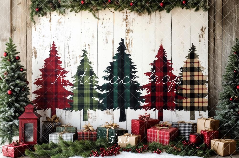 Kate Plaid Christmas Trees Wrapped Gifts Backdrop Designed by Patty Roberts