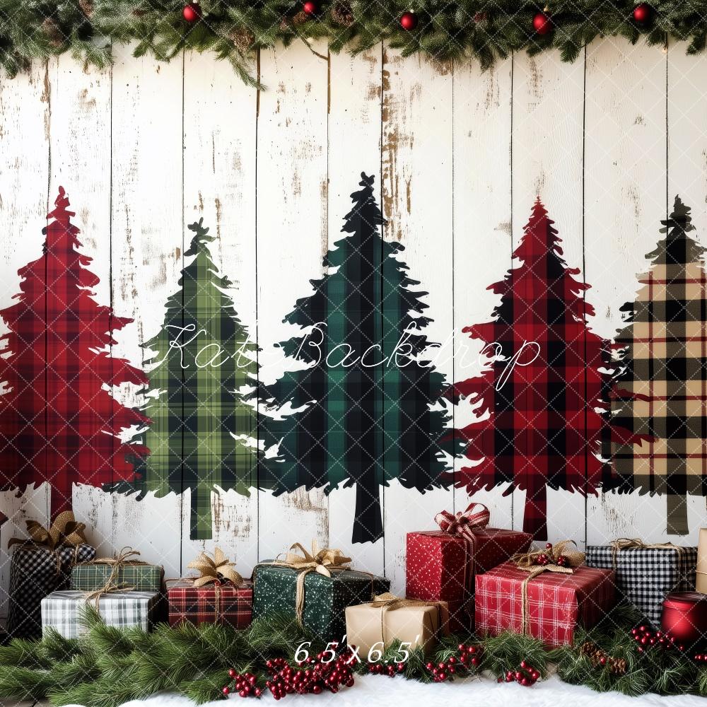 Kate Plaid Christmas Trees Wrapped Gifts Backdrop Designed by Patty Roberts