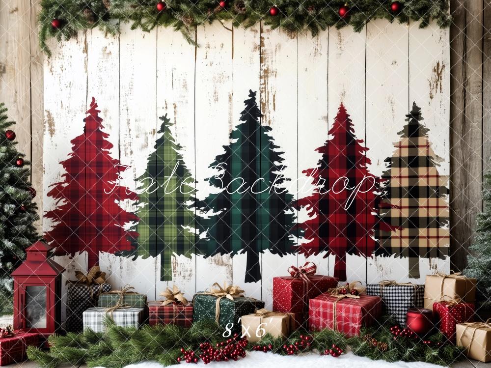 Kate Plaid Christmas Trees Wrapped Gifts Backdrop Designed by Patty Roberts