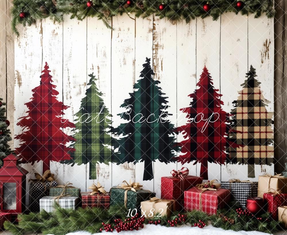 Kate Plaid Christmas Trees Wrapped Gifts Backdrop Designed by Patty Roberts