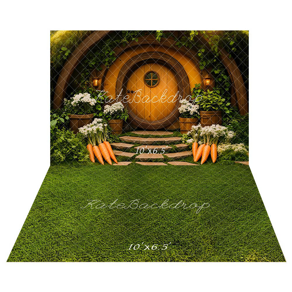 Kate Wooden House Carrot Backdrop+Green Grass Floor Backdrop