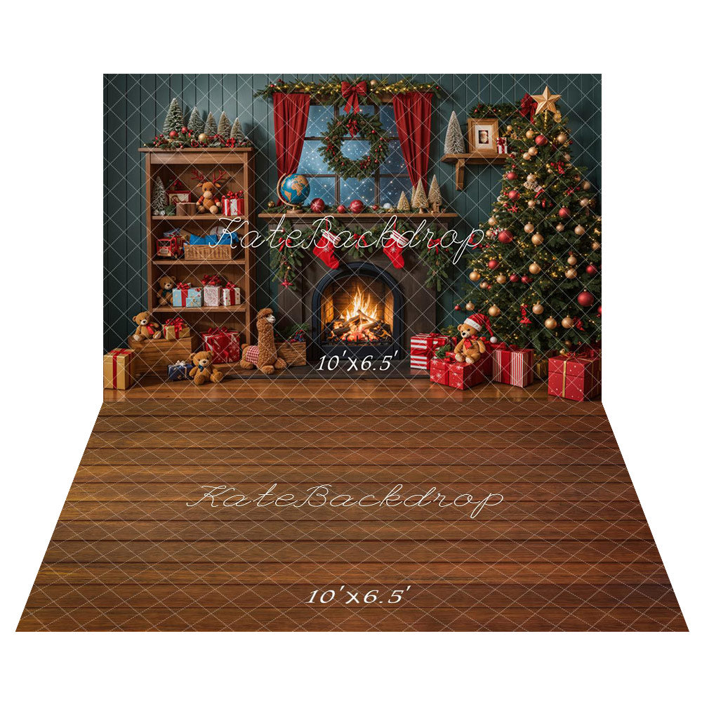 Kate Christmas Tree Fireplace Wooden Wall Backdrop+Wood Board Floor Backdrop