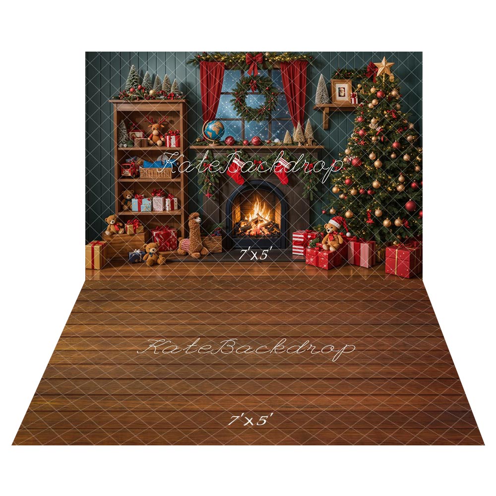 Kate Christmas Tree Fireplace Wooden Wall Backdrop+Wood Board Floor Backdrop