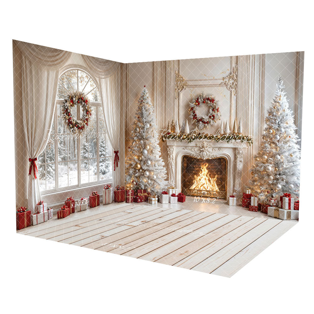 Kate Christmas Fireplace White Trees Gifts Room Set (8ftx8ft&10ftx8ft&8ftx10ft)