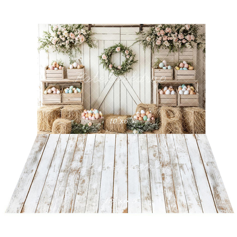 Kate Easter White Barn Door Backdrop+Retro White Wood Grain Floor Backdrop