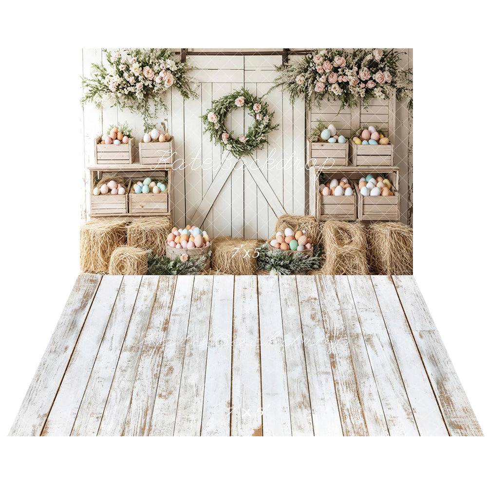 Kate Easter White Barn Door Backdrop+Retro White Wood Grain Floor Backdrop