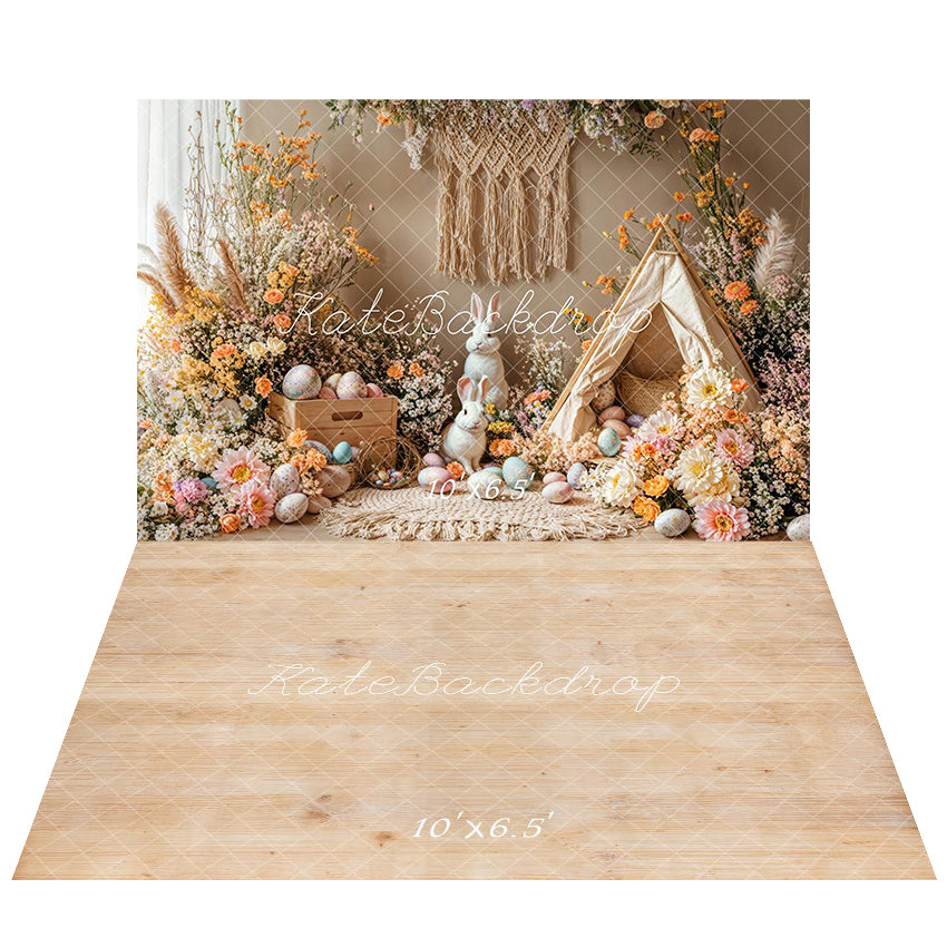 Kate Flower Easter Bunny Egg Spring Backdrop+Light Wood Grain Floor Backdrop