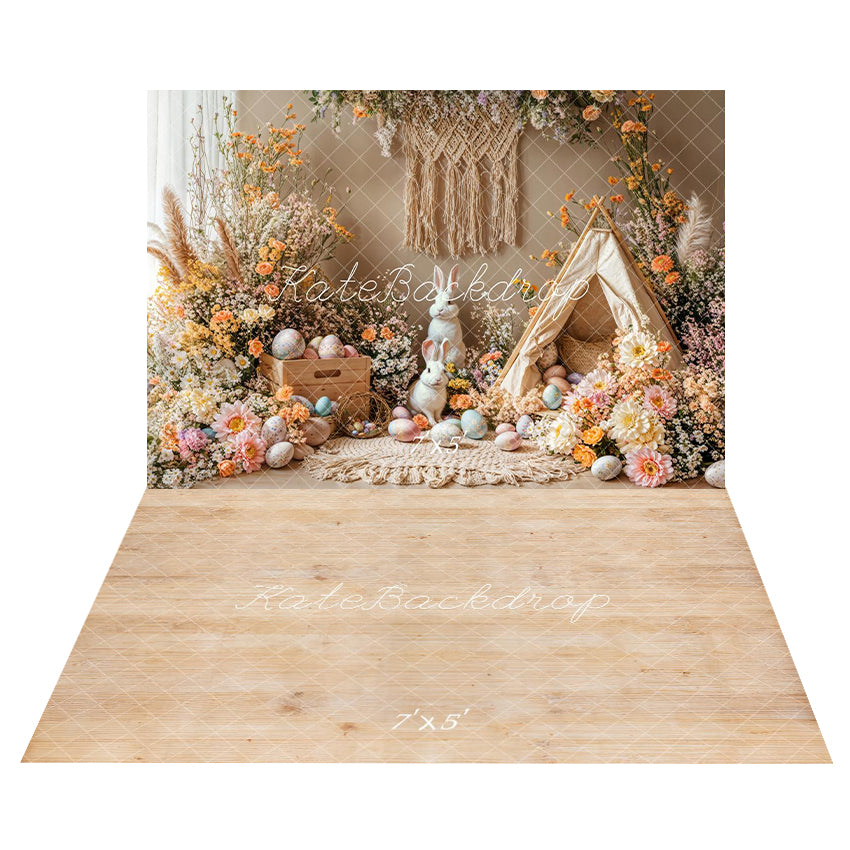 Kate Flower Easter Bunny Egg Spring Backdrop+Light Wood Grain Floor Backdrop