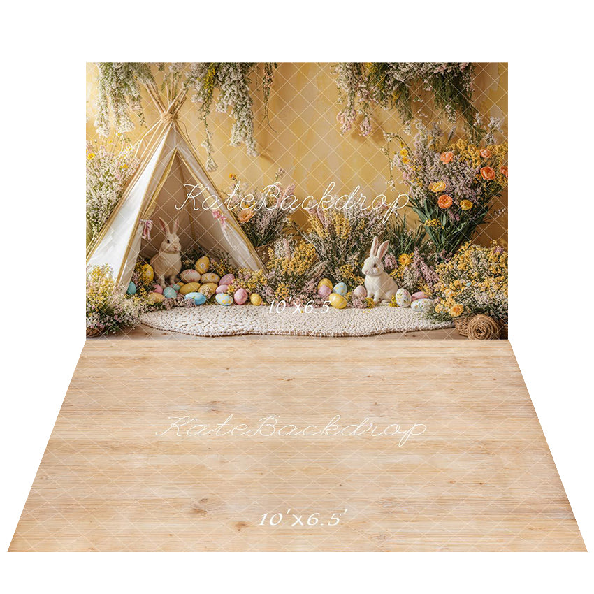 Kate Spring Easter Bunny Backdrop+Light Wood Grain Floor Backdrop