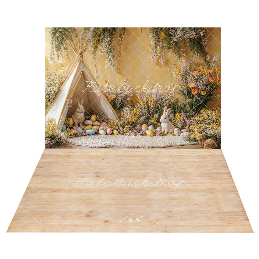 Kate Spring Easter Bunny Backdrop+Light Wood Grain Floor Backdrop