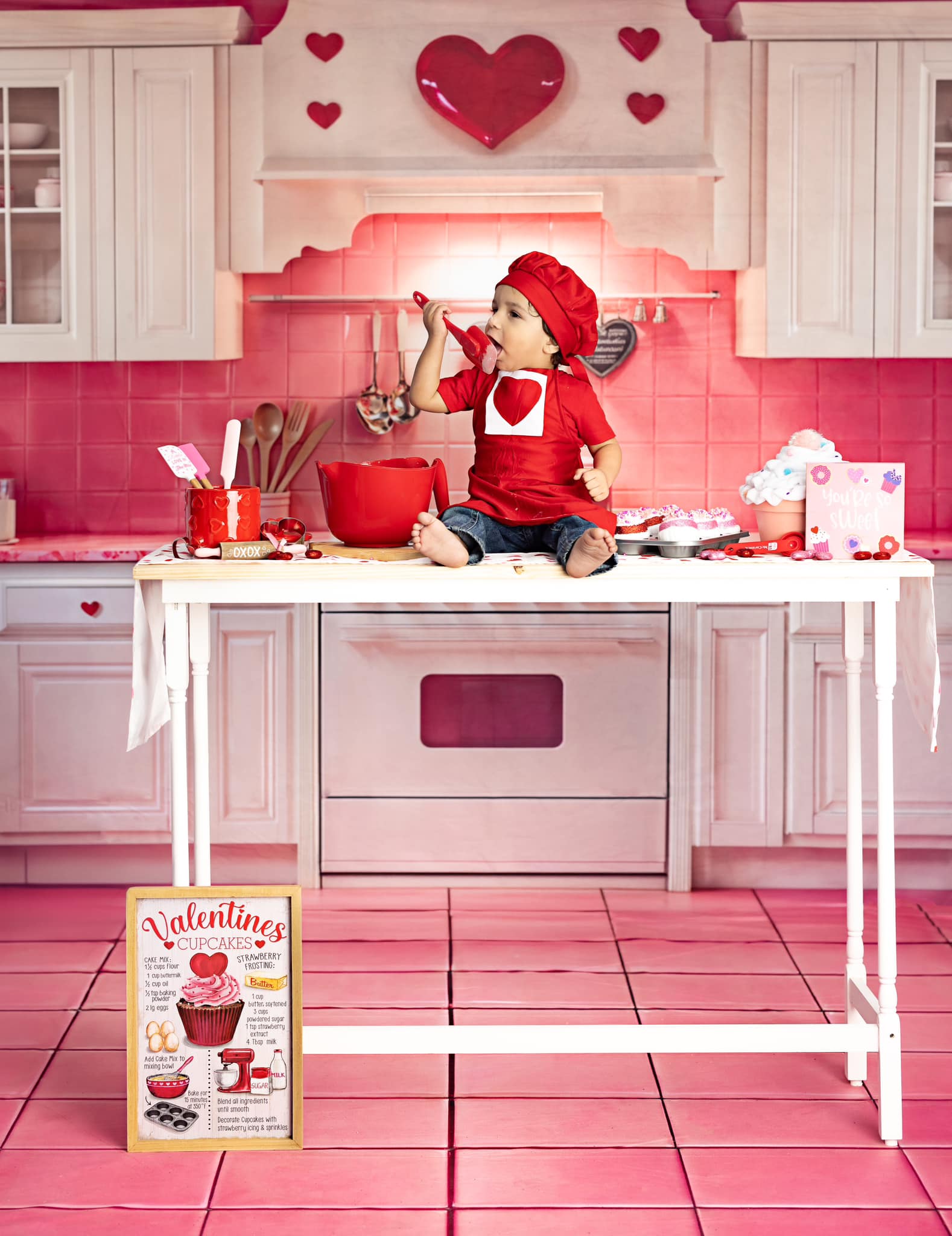 Kate Girls Birthday Kitchen Valentine's Day Backdrop+Pink Checkered Floor Backdrop