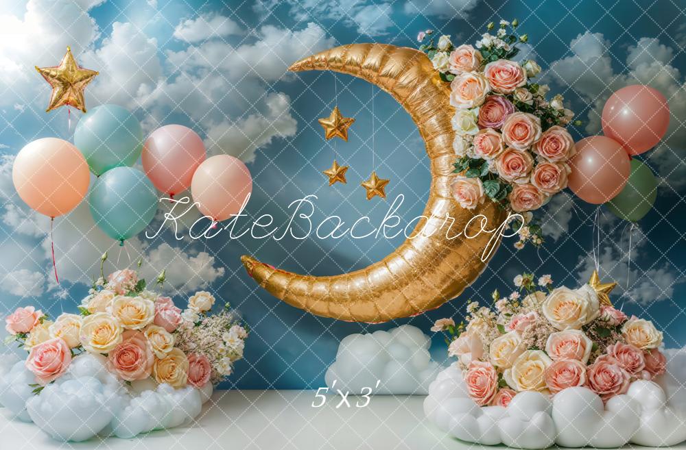 Kate Blue Clouds Moon Flowers Birthday Backdrop Designed by Emetselch