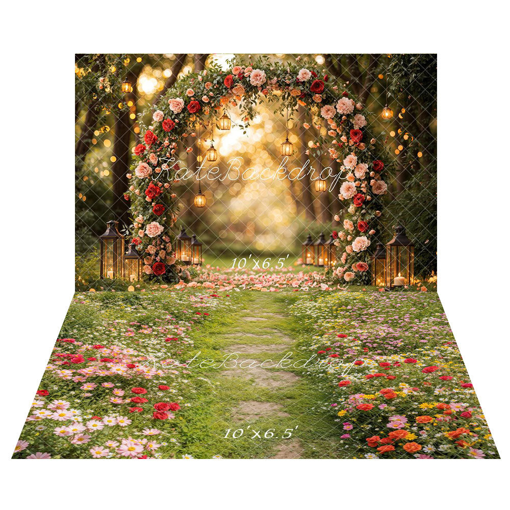 AUSALE Kate Valentine Flower Arch Backdrop+Spring Floral Pathway Grass Floor Backdrop