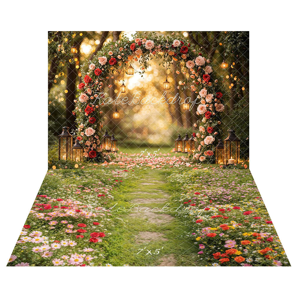 AUSALE Kate Valentine Flower Arch Backdrop+Spring Floral Pathway Grass Floor Backdrop