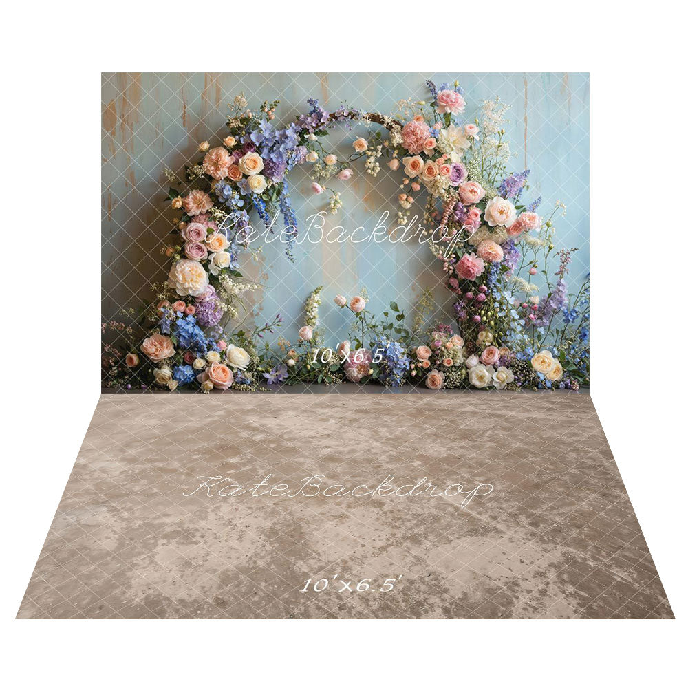 Kate Vintage Light Blue Spring Flower arch Backdrop+Abstract Texture Floor Backdrop