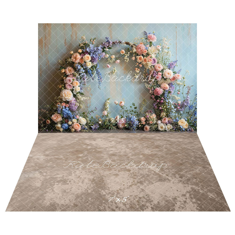 Kate Vintage Light Blue Spring Flower arch Backdrop+Abstract Texture Floor Backdrop