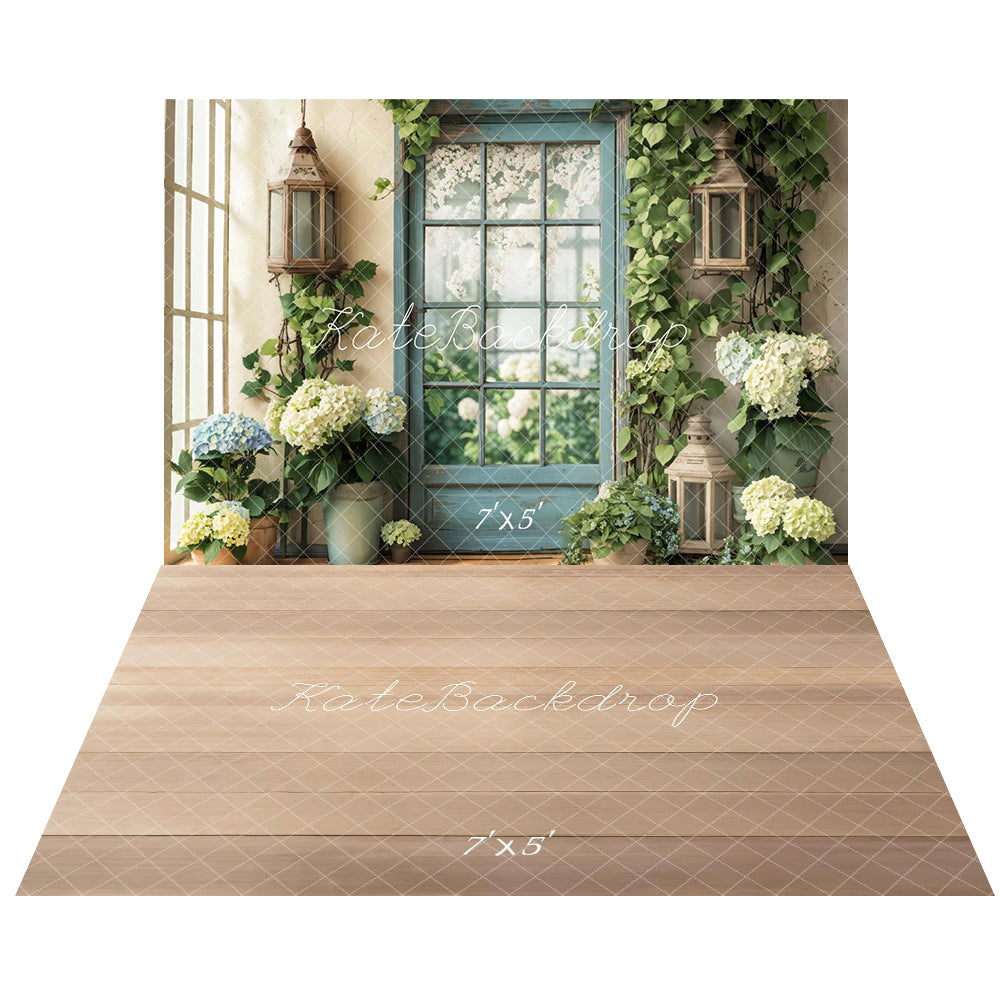 Kate Spring Door Hydrangeas Backdrop+Wood Floor Backdrop