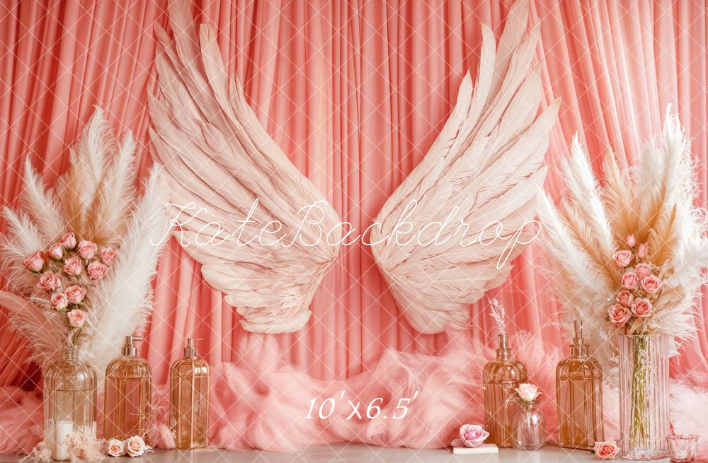 Kate Boho Angel Wings Pink Curtains Backdrop Designed by Emetselch