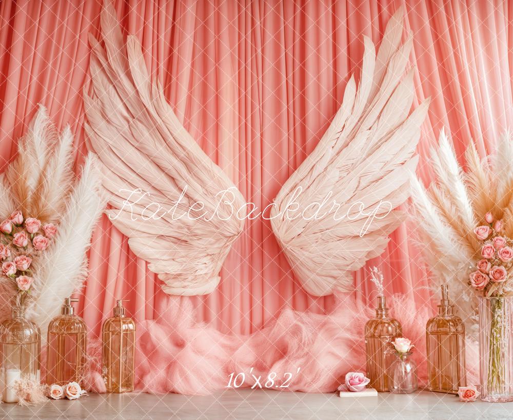 Kate Boho Angel Wings Pink Curtains Backdrop Designed by Emetselch