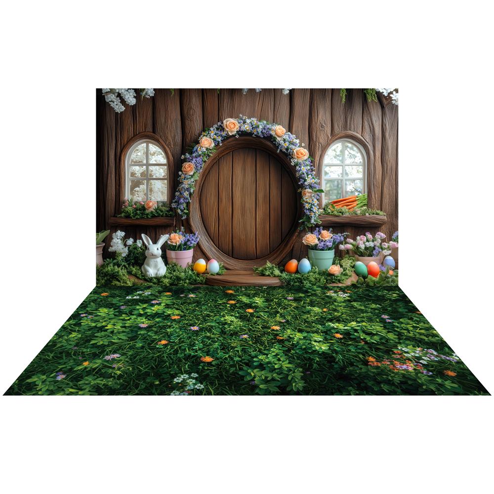 Kate Easter Bunny Floral Arch Tree House Backdrop+Flower Grass Rubber Floor Mat designed by Mini MakeBelieve