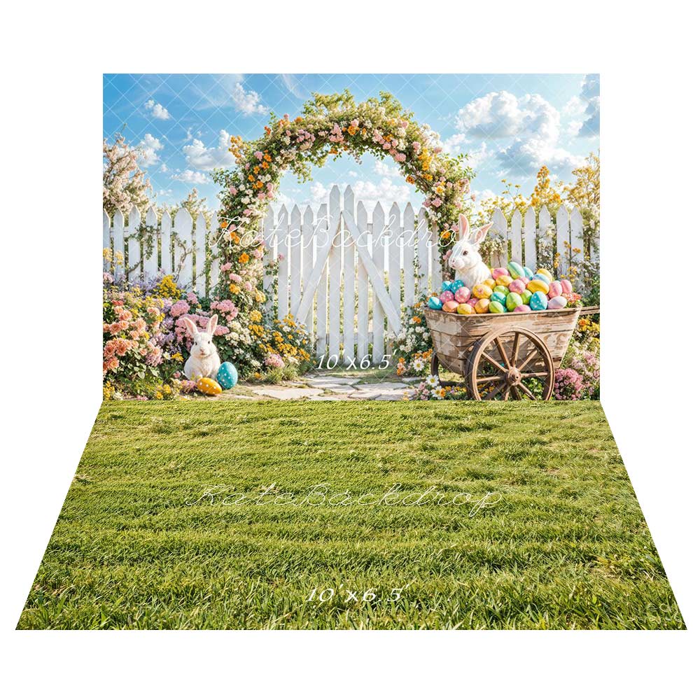 Kate Easter Bunny Flower Arch Fence Backdrop+Green Grass Backdrop