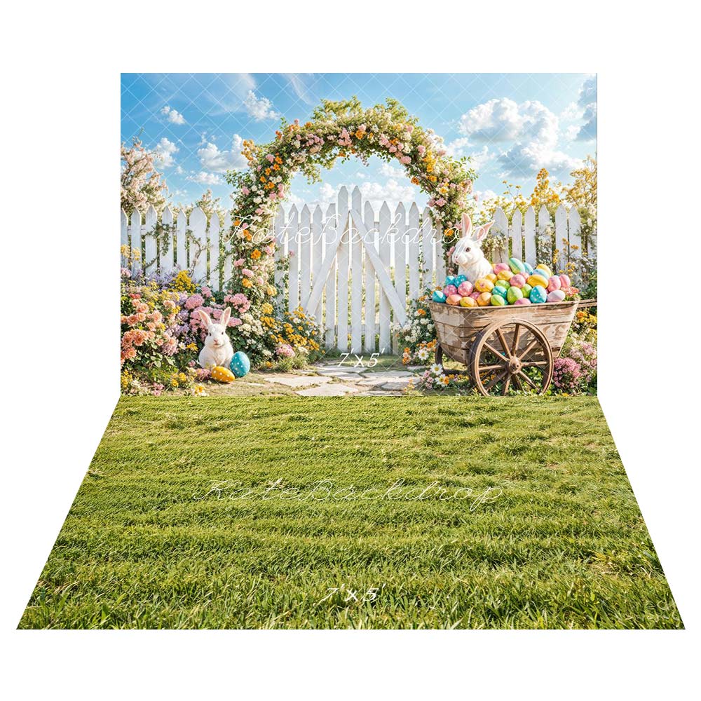 Kate Easter Bunny Flower Arch Fence Backdrop+Green Grass Backdrop