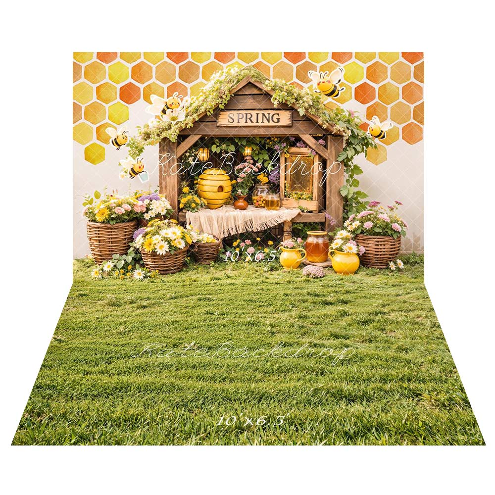 Kate Spring Bee Honeycomb Floral Backdrop+Green Grass Backdrop