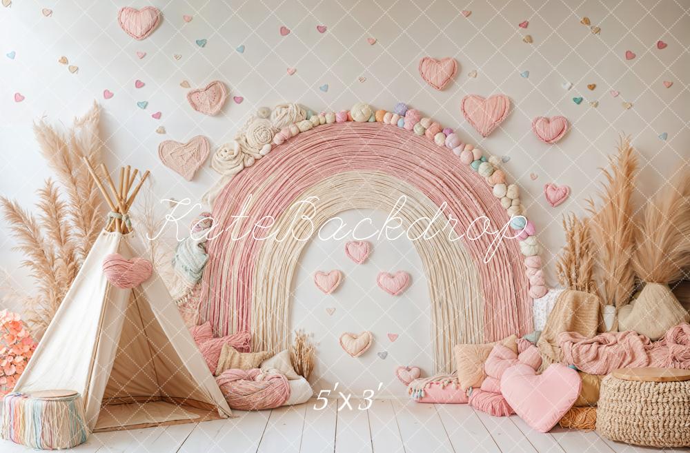 Kate Pink Boho Rainbow Tent Hearts Backdrop Designed by Emetselch