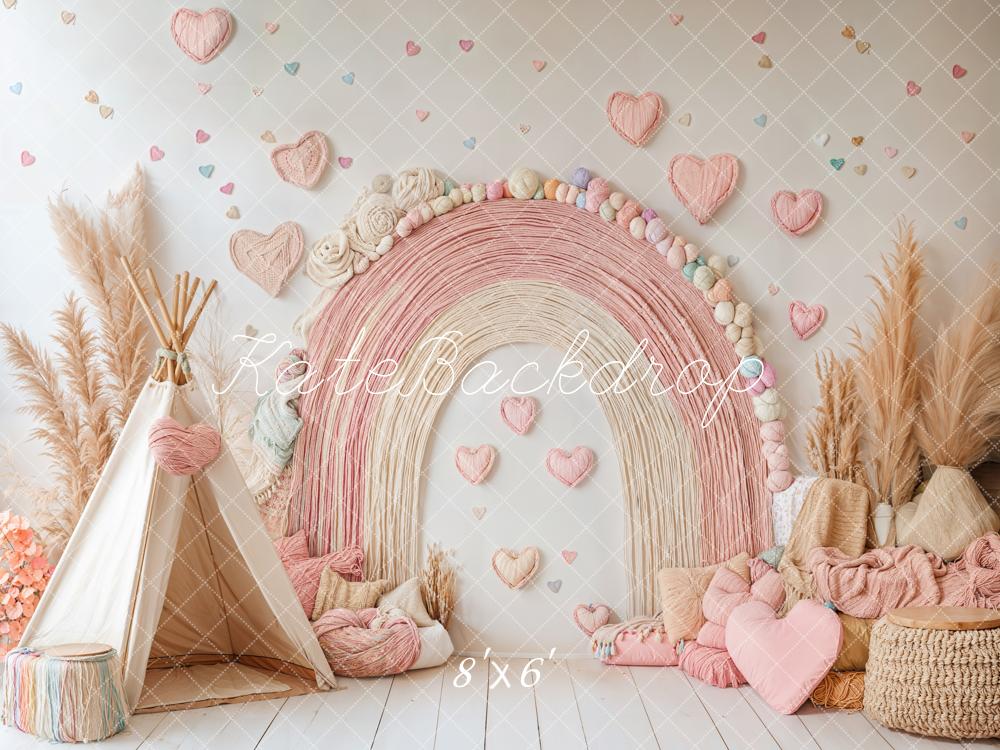 Kate Pink Boho Rainbow Tent Hearts Backdrop Designed by Emetselch